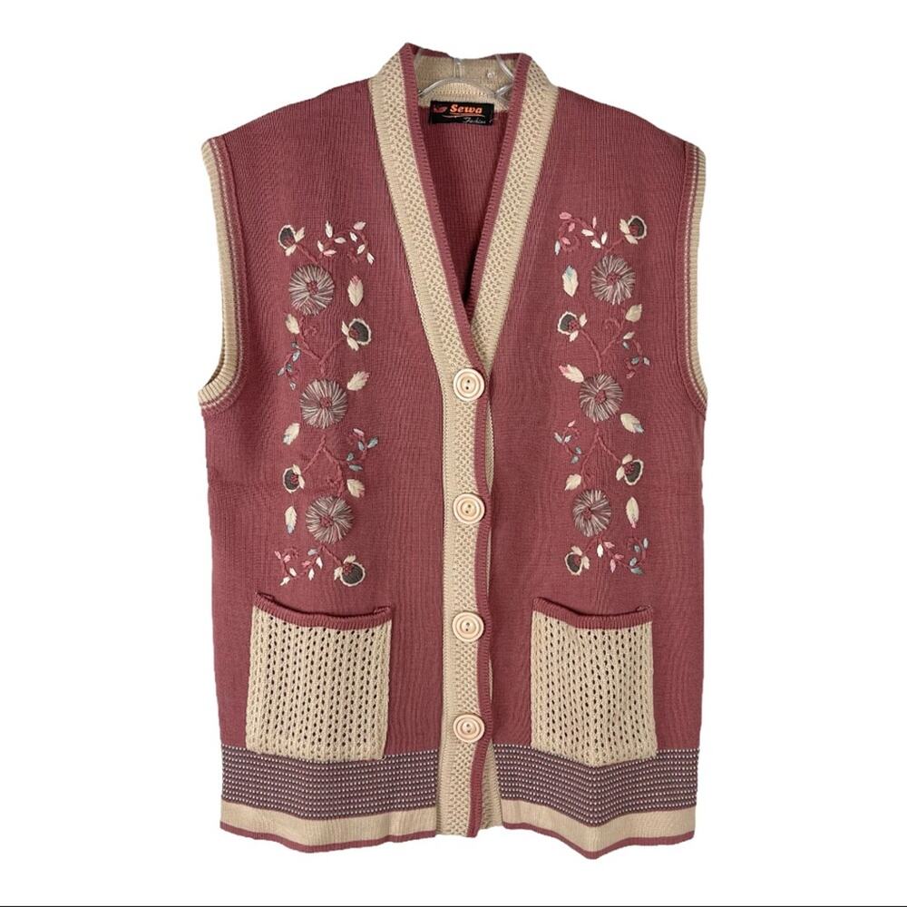 Vintage pink cream floral embroider 70s retro cottagecore sweater vest medium